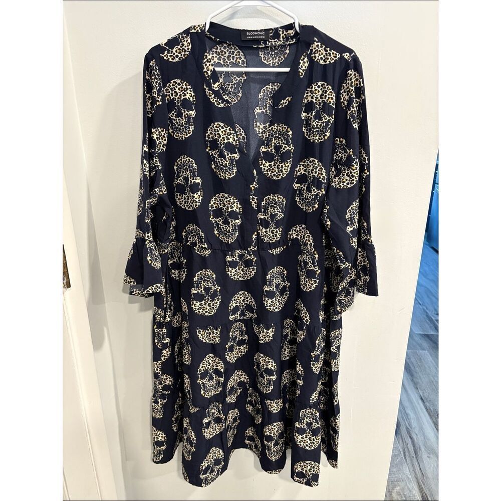 BloomChic Navy Long-Sleeve Dress with Cream Leopard Skull Print